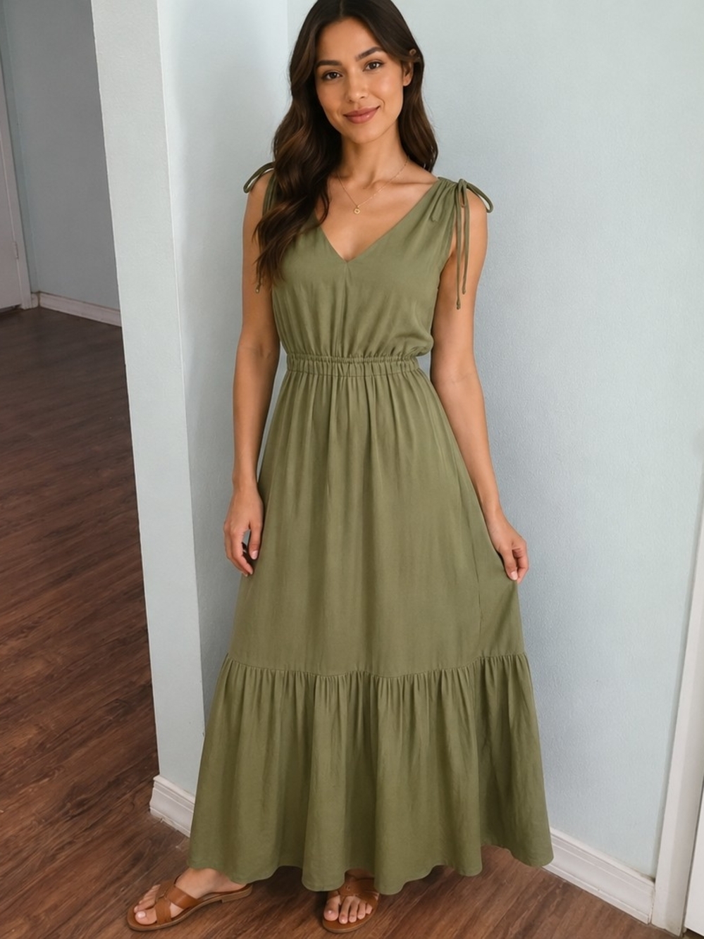 Banana Republic Olive Green Tie-Shoulder Maxi Dress – Size6